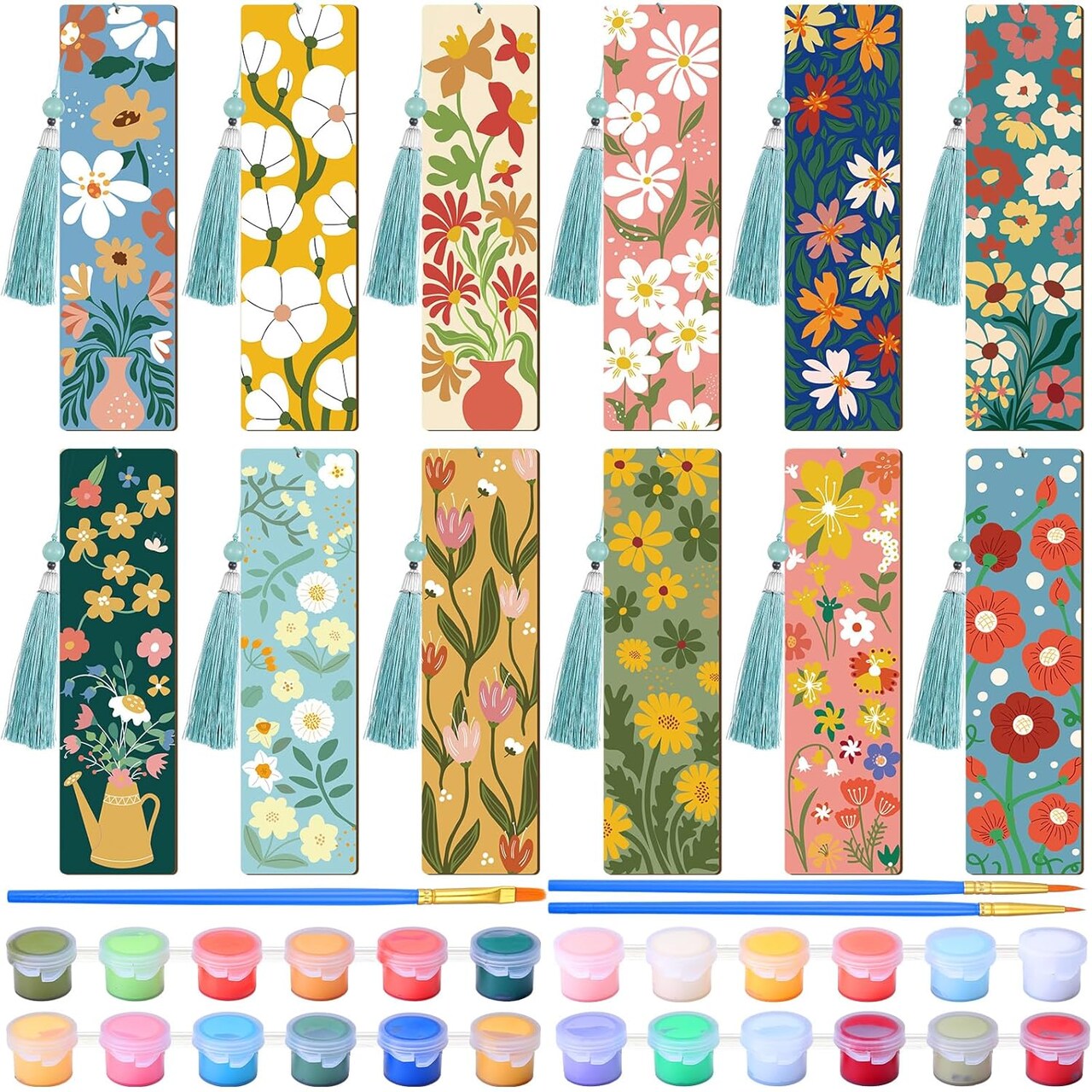 Paint by Numbers Kits for Adults – 12 Pack Butterfly & Floral Wooden Bookmark DIY Painting Set, Mini Acrylic Paint by Numbers Craft Kit for Book Lovers, 7x2 Inch